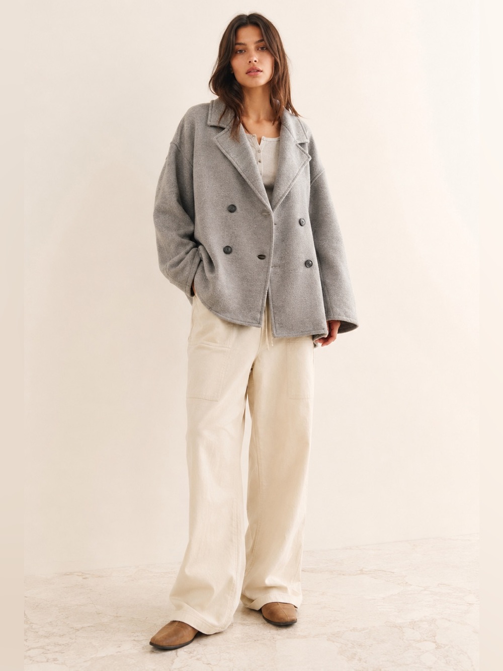 Free People Hannah Slouchy Pea Coat Oversized Lagenlook Grey Sz M